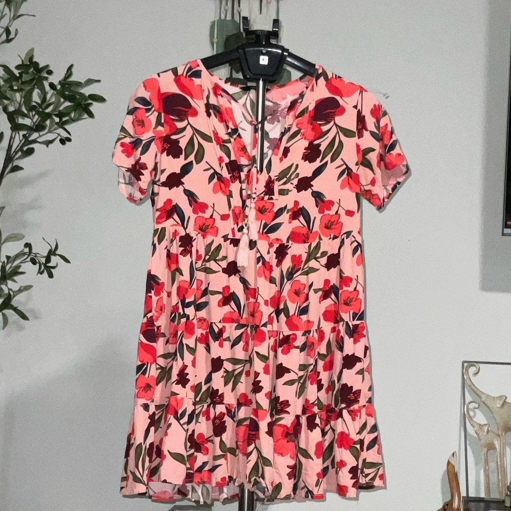 Vibrant Floral Midi Dress in Pink and Red